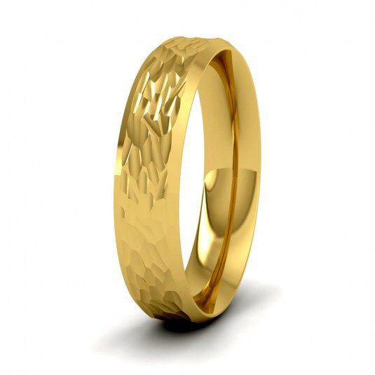 Bark Hammered Diamond Cut Flat Wedding Ring with Bevelled Edge 